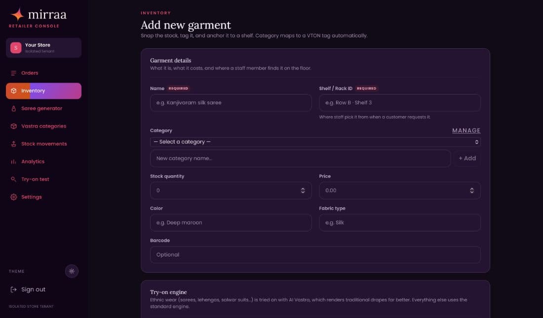 Mirraa add-new-garment inventory form