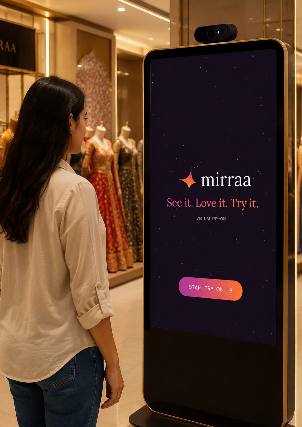 Shopper at the Mirraa welcome screen