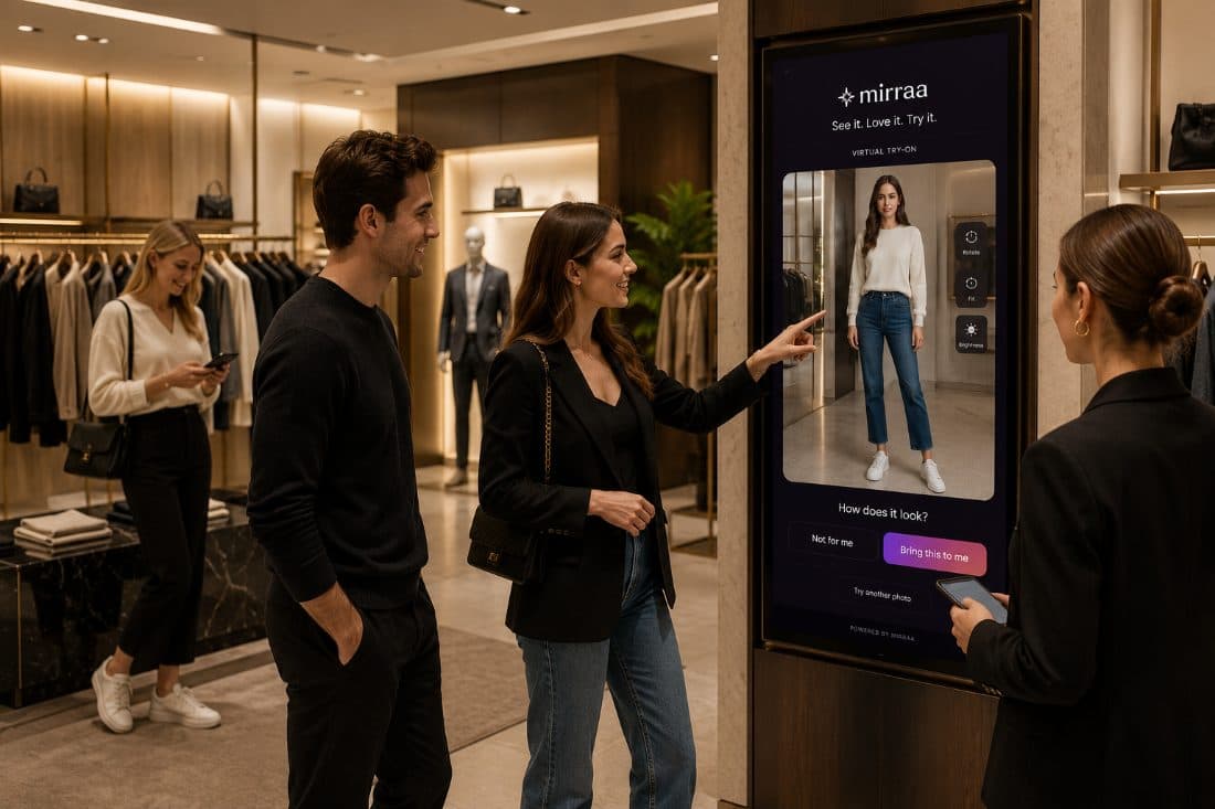 Two shoppers using a Mirraa in-store screen to see a virtual try-on