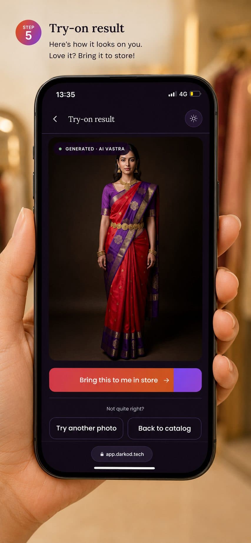 The reveal on a phone — garment shown on the shopper